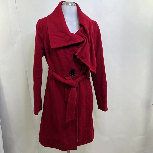 Boston Proper Jackets & Blazers - Boston Proper 8 Wool Coat Red Asymmetric Belted Trench Peacoat Button Long